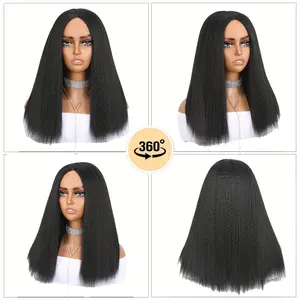 18-Inch Kinky Straight Black Bob Wig with Light Yaki Texture, Featuring a Density And a Middle Part, Perfect for Shoulder-Length Styles. Available in Synthetic Hair with Options in Black, Brown, Or Mixed Colors for Women