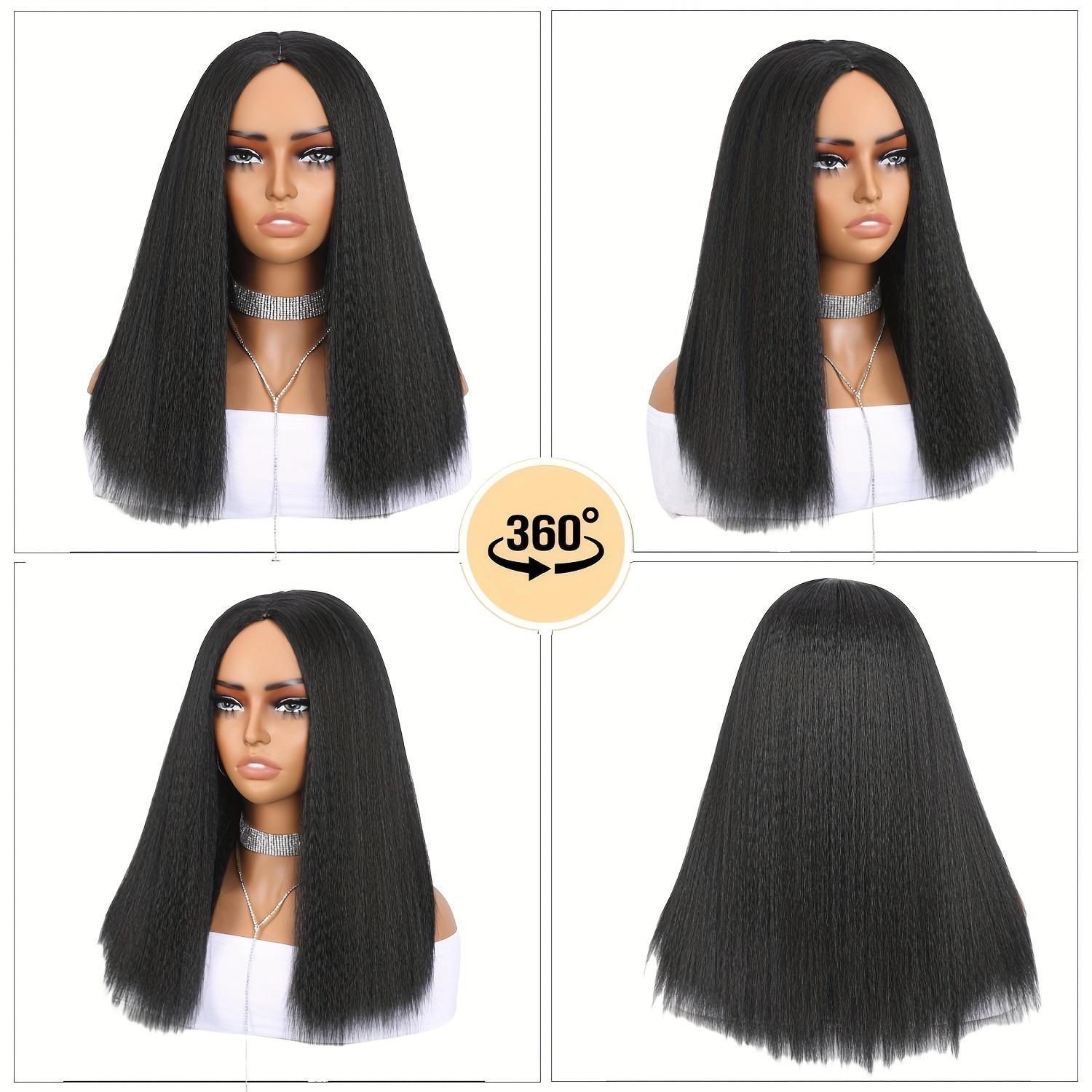 18-Inch Kinky Straight Black Bob Wig with Light Yaki Texture, Featuring a Density And a Middle Part, Perfect for Shoulder-Length Styles. Available in Synthetic Hair with Options in Black, Brown, Or Mixed Colors for Women