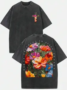 Retro Washed "God Is Faithful" Floral Cross T-Shirt, Black Oversized Casual Top, Religious Inspirational Aesthetic Apparel, Ideal For Everyday Style & Relaxed Daily Attires
