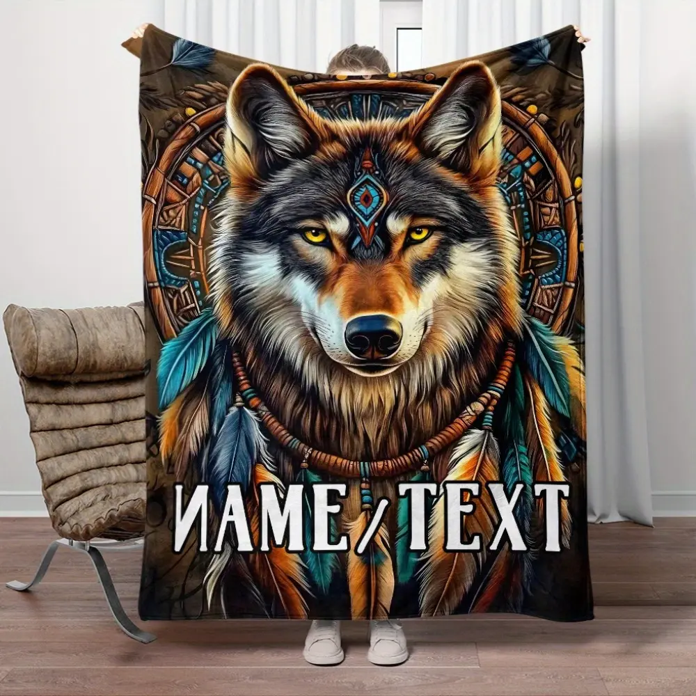 Personalized Wolf Motif Dream Catcher Fleece Blanket - Customizable with Name/Text, 100×130cm(40×50in) Lightweight Flannel Throw, Digital Printing Polyester Fabric, Soft Warm - Personalized Gifts for Teens, Suitable for Sofa, Travel