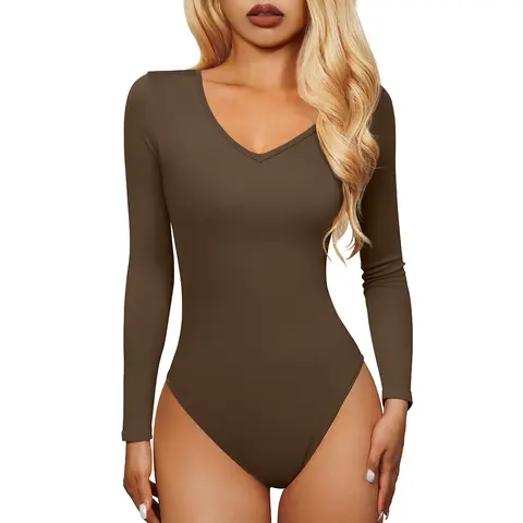 OYV Women's 1 Piece Bodysuit Sexy Ribbed T Shirt One Piece V Neck Long Sleeve Bodysuit