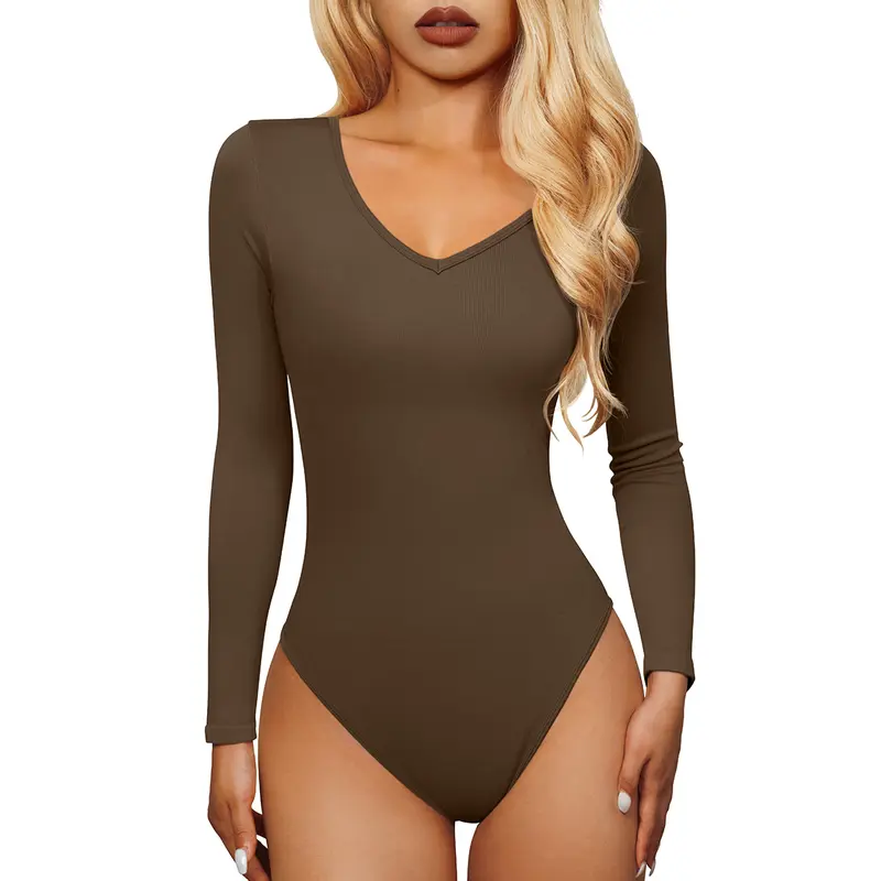 OYV Women's 1 Piece Bodysuit Sexy Ribbed T Shirt One Piece V Neck Long Sleeve Bodysuit