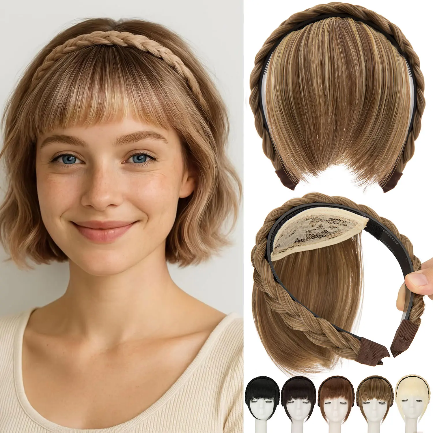 Synthetic Extension Braided Hairband with 3 Detachable Bangs - Natural Look, Ideal for Styling & Festival Accessorizing (Fashion Hair Accessory)