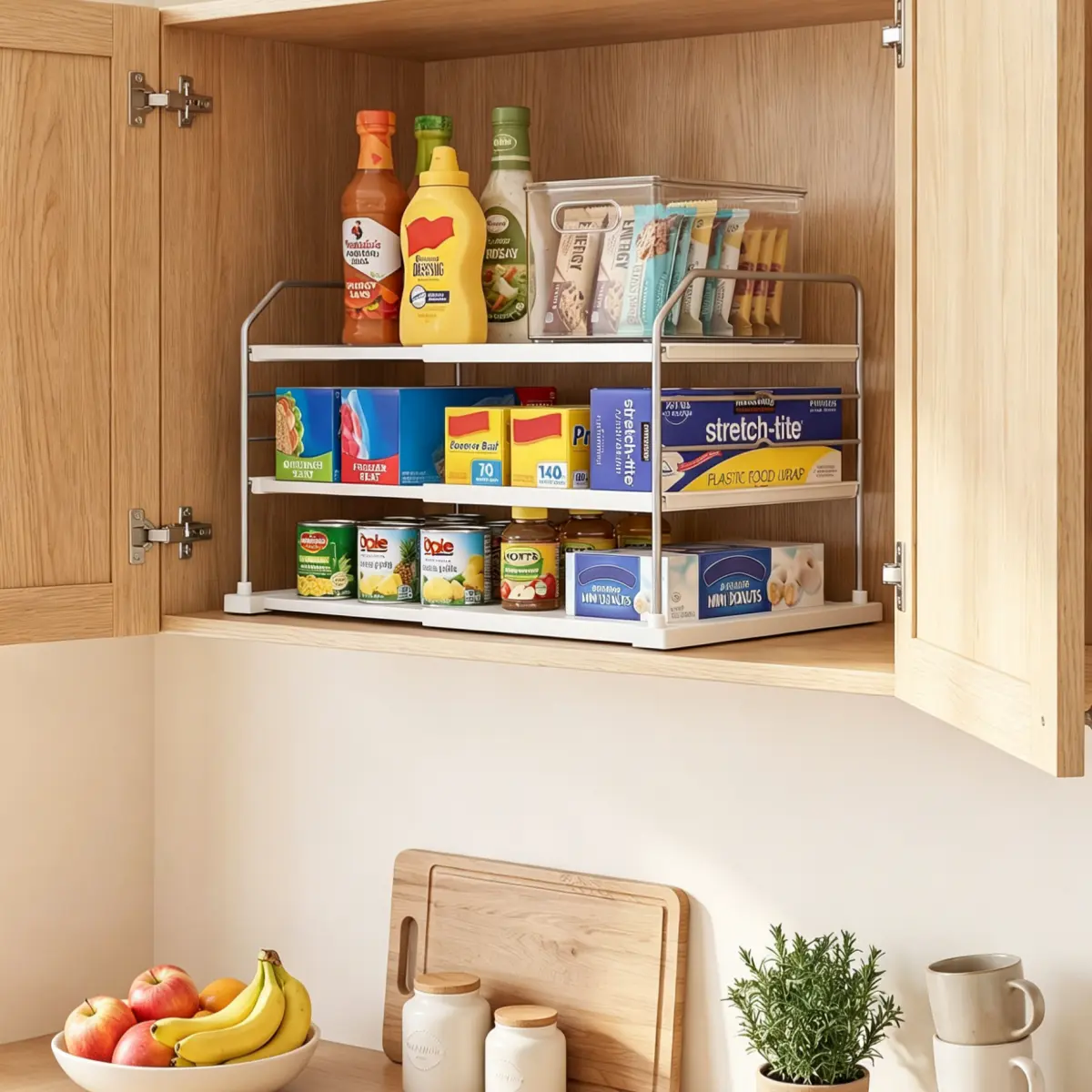 EVERIE 3-Tier Expandable Carbon Steel Shelf, No-Tools Easy-Assemble Space-Saver Storage Organizer Rack for Kitchen Pantry, Holds Heavy Cans & Foil Boxes