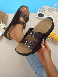 Women's Plus Size New Hollowed-Out Buckle Decorated Round-Toe Flat Sandals for Outdoor Wear, Fashionable, Simple, Comfortable, Daily Lightweight Casual Flat Sandals