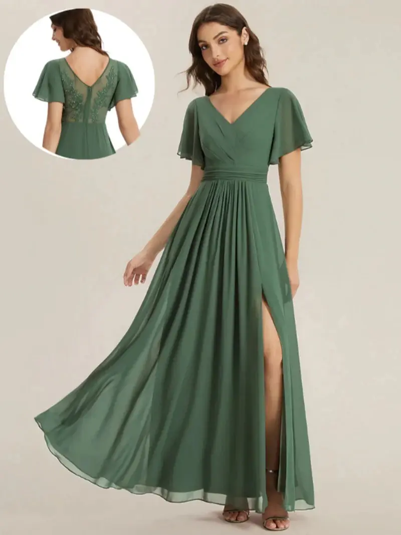 EVER-PRETTY 2026 New Trend V-Neck Cap Sleeve Pleated Chiffon Maxi Dress  Embroidered Back Split Ruched Wedding Guest Bridesmaid Evening Party Gown  ES02660