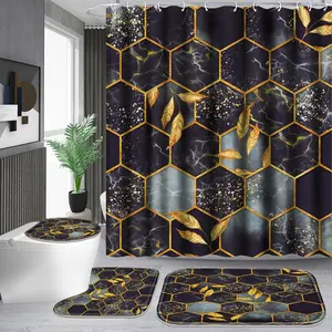 1/4pcs honeycomb marble gray and black design shower curtain set, non-slip floor mat, U-shaped carpet, toilet cover, perfect for bathroom decoration, partition, beautify the space, free 12 shower curtain hooks