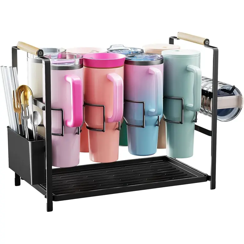8-Slot Adjustable Smooth Expandable Silicone 2-in-1 Functional Bottle Organizer Drying Rack - 8slot Bottle Hold, Fast Drain Box, Beverage Storage Rack for 40 oz Tumblers with Handles, Removable Pad, Patented Kitchen Home Use Accessory (Father's Day Gift)
