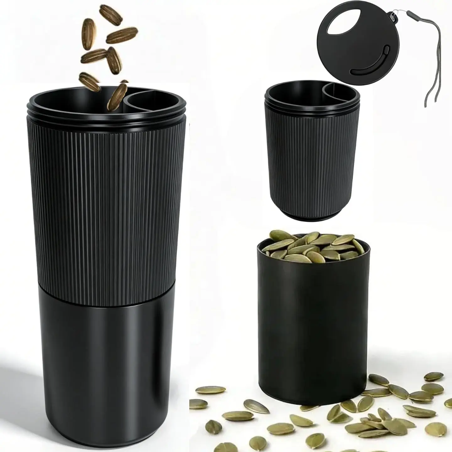 Black Sunflower Seed Cup with Shell Storage, 3D Printed Kitchen Utensils Container, Reusable Washable Nut Snack Holder for Gamers, Sports & Home Use