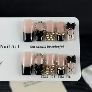 10pcs Luxury-retro style, hand-painted three-dimensional bowknot, dazzling cluster of diamonds, Glitter rhinestones, Handmade Reusable Nails, fake nails, Nail stickers suitable for a princess to attend banquets, birthday parties and festival events