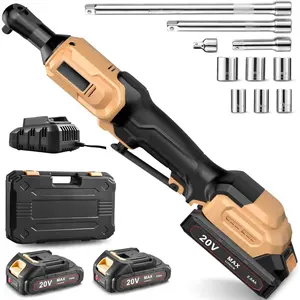 20V Electric Ratchet Wrench Set, 3/8" Cordless Ratchet Kit 400RPM, Torque Ratchets, LED Light, 2 ,  Charger, Sockets, Adapters, Extension Bars (Yellow)