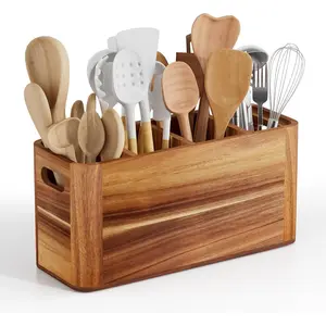 Utensil Holder for Kitchen Counter,  Utensil Holder for Countertop with 4 Compartments Wooden Cooking Utensil Organizer for Spatula Kitchen Storage, Acacia