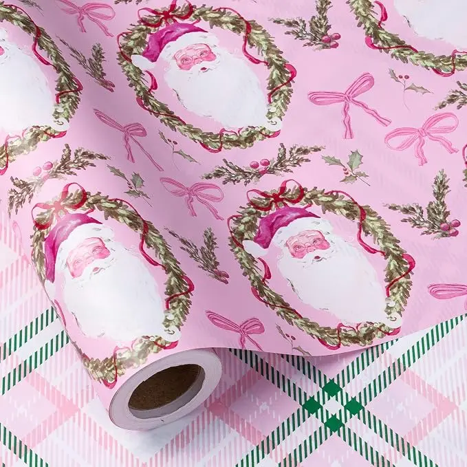 RUSPEPA Reversible Christmas Wrapping Paper Roll, Mini Roll, Pink Santa Claus, Floral Wreath, Bow Design, Green Pink Plaid Gift Wrap for Girls, Kids, Family, Holiday Gifts, 17 Inches x 16.4 Feet