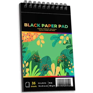 Black Paper Sketchbook 5.5"x8.5", 90 lb/150 GSM, 35 Sheets, Spiral Black Sketch Pad Drawing Paper for Pencil, Pastel, White Ink Gel Pen, Charcoal, Chalk, Metallic Marker,  Pen