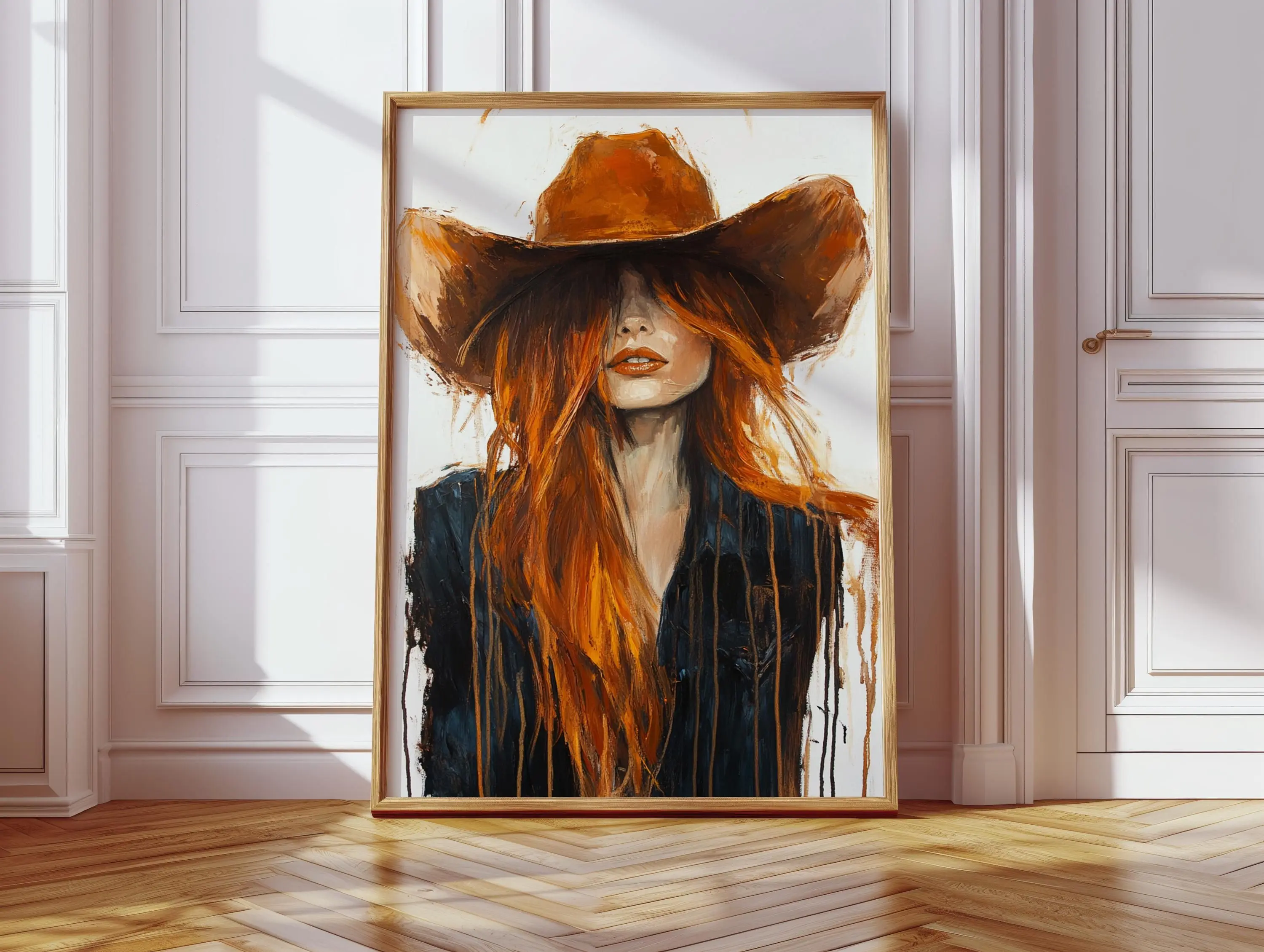 [Sale up to 35%] Cowgirl Redhead Canvas Wall Art – Rustic Western Woman Painting in Cowboy Hat – Bold Country Girl Poster for Farmhouse Decor