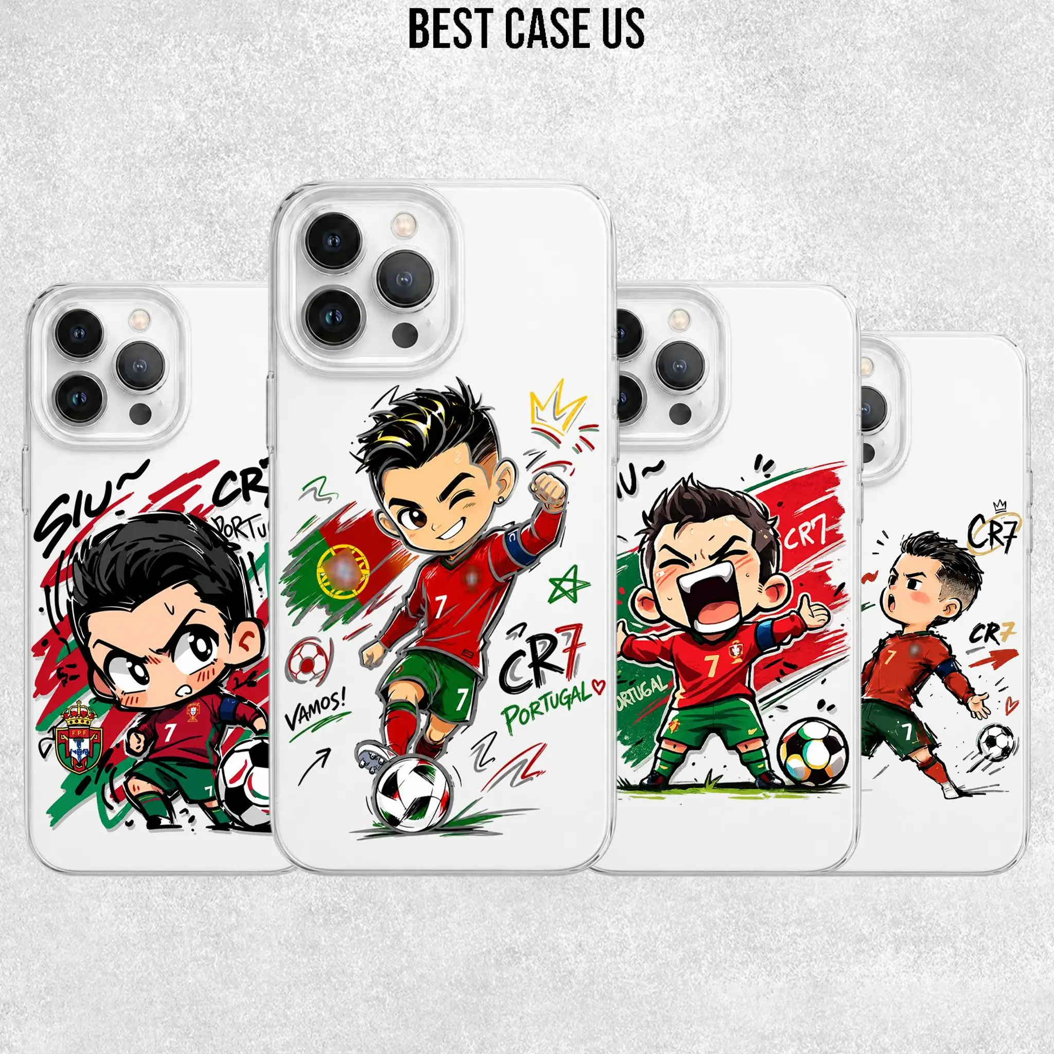 4 Styles Cute Cartoon Chibi Siu CR7 Ronaldo Clear Phone Case - Portugal Football Star Graphic Cover for iPhone 17 16 15 14 13 12 11 Pro Max, Trendy Soccer Fan Gift