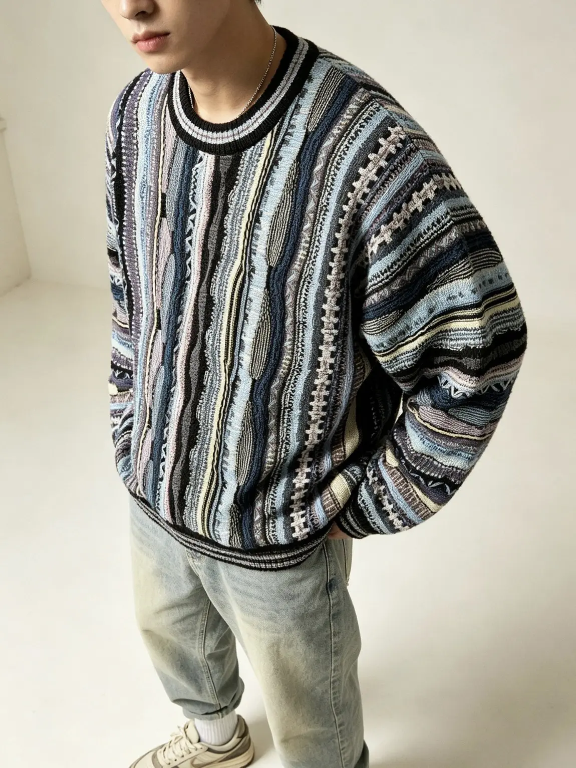 Menswear Knitwear Blue Ugly Crewneck Pullover Sweater for Men