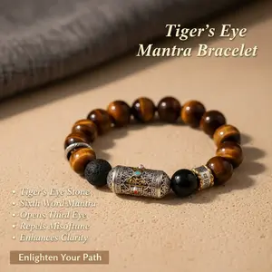 Tiger's Eye Six-Word Mantra Bracelet | Repel Evil and Misfortune | Enlighten the Mind and See One's True Nature | Open the Third Eye