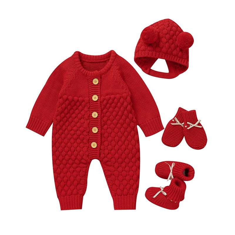 MIMIXIONG Baby Romper Set with Matching Shoes Hat and Gloves in Red Knit Design for Infants