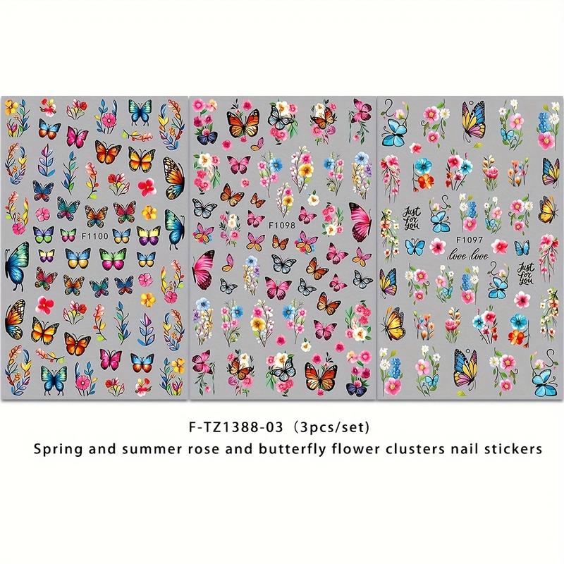Women DIY Nail Art Decoration Accessories, Self-Adhesive Rose Butterfly Flower Cluster Nails, Spring Summer Seasonal Design