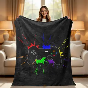 Neon Gamer Dual Electronic Controller Blanket - Soft Cyberpunk Video Game Splatter Art Throw with Decorative Graphics, Ideal for Teen Boys' Bedroom Decor, Perfect Gamer Gift for Couch Use, Cyberpunk Blankets, Decorative Graphics Blankets