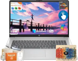 HP 17 Inch Touchscreen Laptop Computer for Business, AMD Ryzen 5 7430U, 17.3" HD+ Anti-Glare Display, 16/32/64GB RAM, 512GB/1TB/2TB SSD, Copilot AI, Wi-Fi 6, Bluetooth 5.4, Fast Charge, Windows 11 Pro, MUSIC ATMOSPHERE LAMP,Accessories