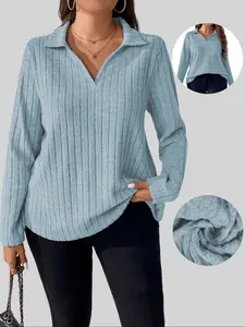 Flap Neck V-Neck Ribbed Knit Sweater, Casual Versatile Style, Soft Skin-Friendly Fabric, Perfect for Daily Commute & Shopping, Fall Winter Essentials, Knitwear
