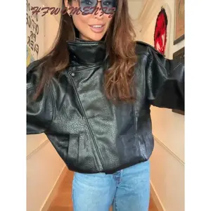 Women's Locomotive Leather Jackets, Black Jacket with Stand Collar  Autumn and Winter 2025 Coats Tops  zip solid color jacket plaid button-up shirt hem denim jacket Womenswear  Casual Basic faux fur jacket Long Sleeve Minimalist Outerwear