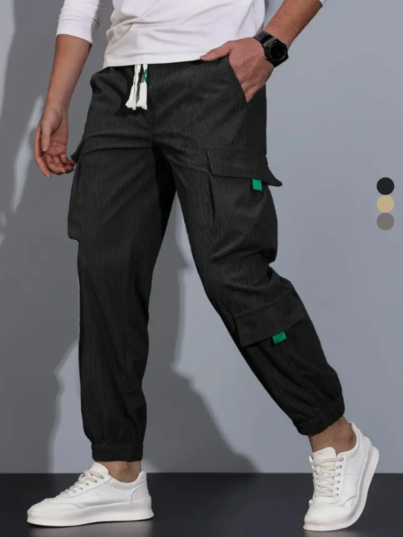 Men’s corduroy cargo jogger pants with drawstring elastic waistband, multiple side pockets, loose fit, street casual long pants