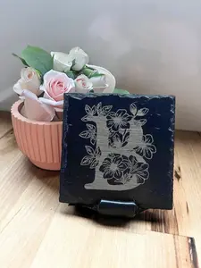 Floral Monogram Engraved Black Slate Coasters
