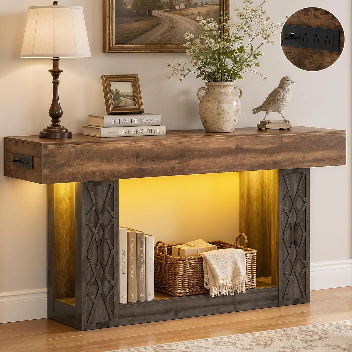 2-Tier Farmhouse Console Table with RGB LED & Charging Station – 63" Entryway Table with Geometric Pattern, for Living Room Hallway