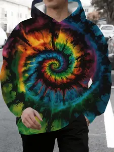 Men's Trendy Streetwear Hoodie, Spiral Tie-Dye Design, Casual Loose Fit, All-Over Print, Perfect for Fall & Winter