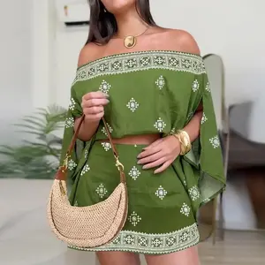 Women's St. Patrick's Day Boho 3 Piece Set Off Shoulder Split Sleeve op & Elastic Waist Skorts with Bandeau Casual Vintage Tribal Print Vacation Set