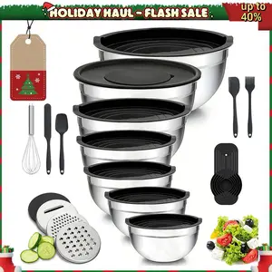 21PCS Complete Stainless Steel Mixing Bowls Set with Lids Graters Whisk & Baking Utensils Nesting Stackable Kitchen Prep Set for Versatile Bakeware Tasks