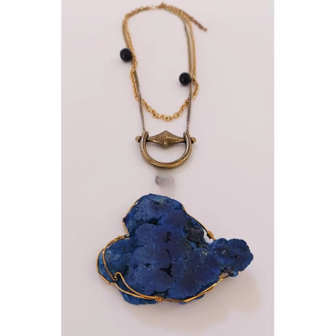 Azurite Brass Necklace - Handcrafted with Lapis Lazuli and Copper Wire, Featuring Unique Blue Azurite Stone