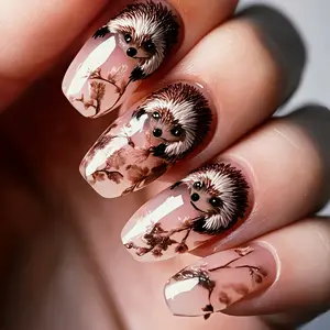 Medium-Length 24-Piece Glossy Animal Pattern False Nails, Detachable Nail Stickers, Stick On Nails, Hedgehog Design, Perfect for Daily Use