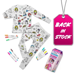 Craftikit Kids Coloring Pajamas Set with Markers Soft Bamboo 2-Piece Unisex PJs Snug Fit Farm Animal, Unicorn & Butterfly Themes Ultimate Stretch Seasonless Wear Sleepwear Cartoon Print