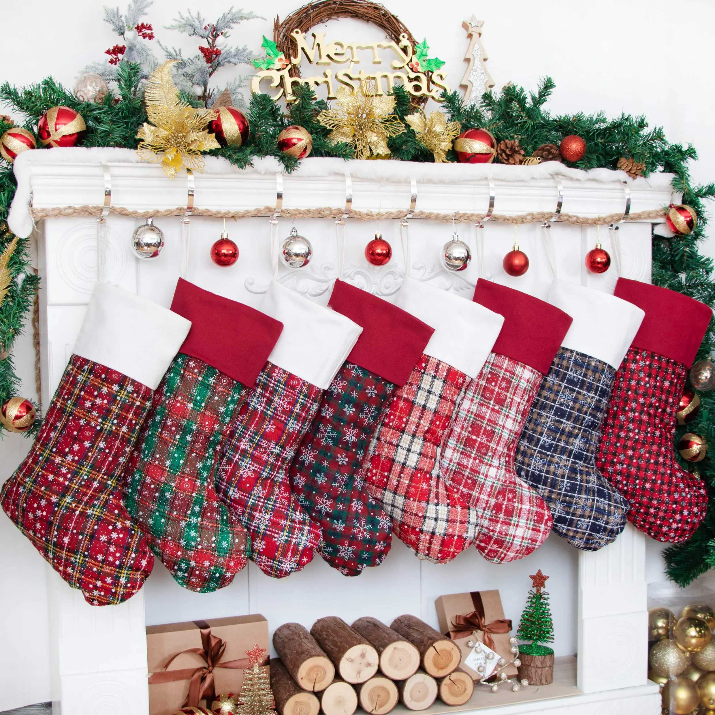 LUBOT 2025 New Christmas Stockings - 20in Canvas Snowflake Plaid, Sturdy Hanging Loop, Unique Design, Decoration for Family Modern Room, Holiday Party Gift