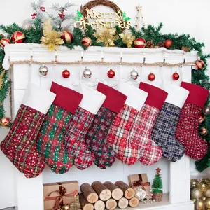 Lubot 2025 New Christmas Stockings Snowflake Plaid 20" Canvas Fireplace Hanging Xmas Stockings for Family Decorations Holiday Party Decor with Sturdy Hanging Loop & Unique Design - Gift