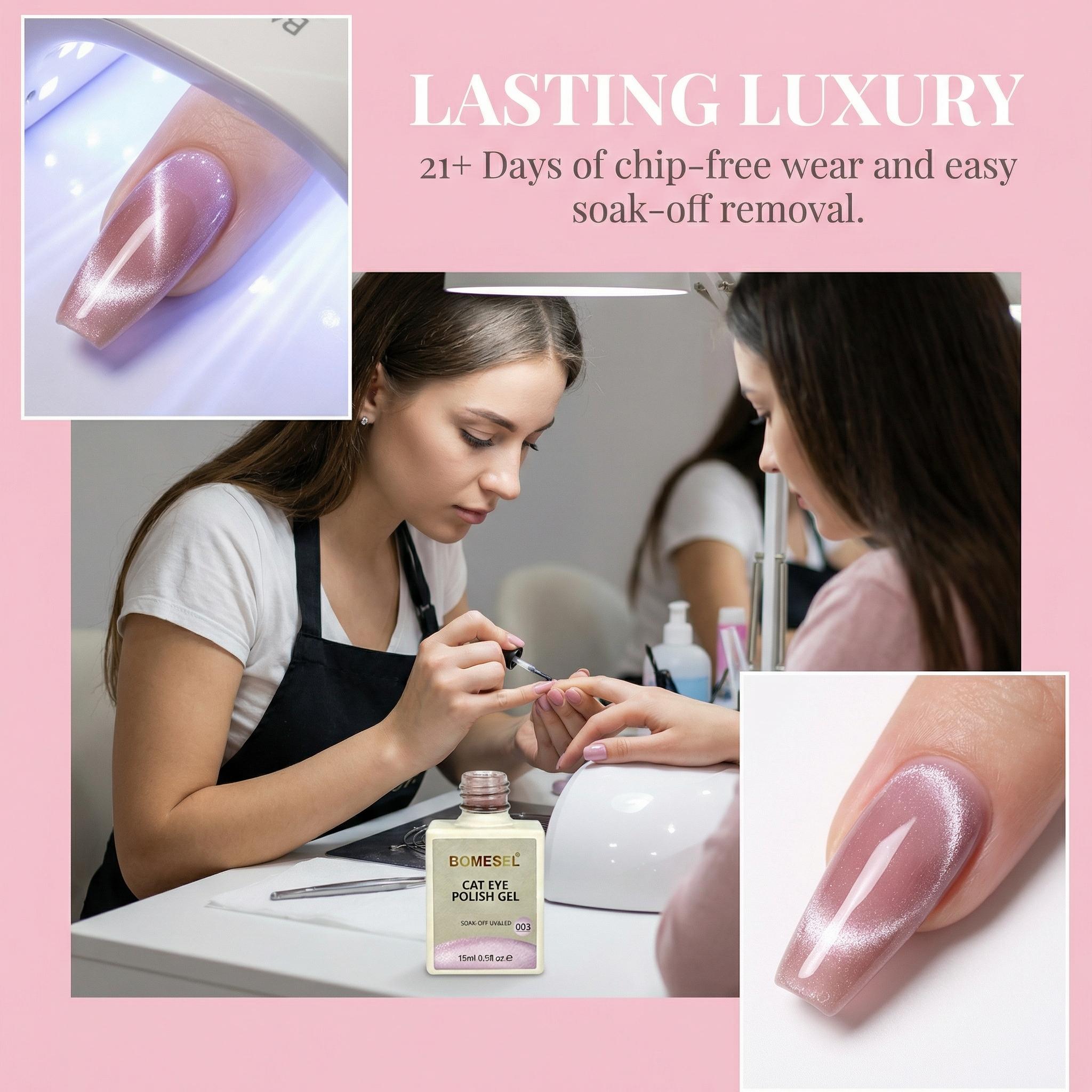 Collection Cat Eye Series – Cat Eye Nail Gift Box includes cat eye gel, base gel, sealing layer, rubber sealing layer, UV light, decorative bag, nail scoop, blending gel, adhesive, balancing liquid + 12 individual bottles of cat eye gel (requires UV lamp)