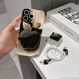 5 Piece Set Antique Apple Painting Phone Case, Charger Head Cover, Cable Protector, Storage Rope, Anti-Drop Tpu Case for iPhone