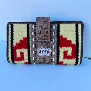 Card Wallet with Saddlebag Material and Leather - Vibrant Red and Cream Design with Intricate Paisley Embroidery