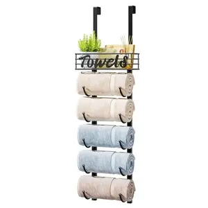 HapiRm Towel Racks for Bathroom Storage - 6 Tier Over The Door & Wall Mount Rolled Towel Storage Organizer Holder with Metal Shelf Basket for Small Bathroom, Camper, Rv - Black, Patented