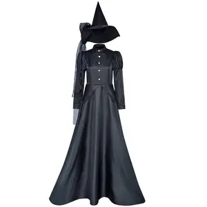 Wicked Witch Victorian Black High Neck Gown Cosplay Costume Set with Pointed Hat Veil for Comic Con