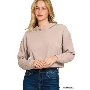 Zenana Drop Shoulder Ribbed Crop Hoodie