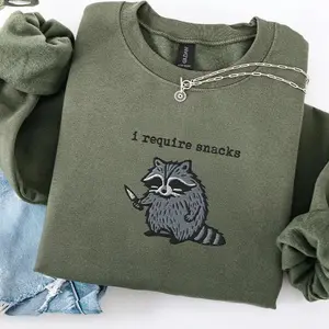 Embroidered I Require Snacks Sweatshirt, Funny Feral Raccoon Sweatshirt, Cute Unhinged Animal Sweater, Embroidered Animal Sweatshirt