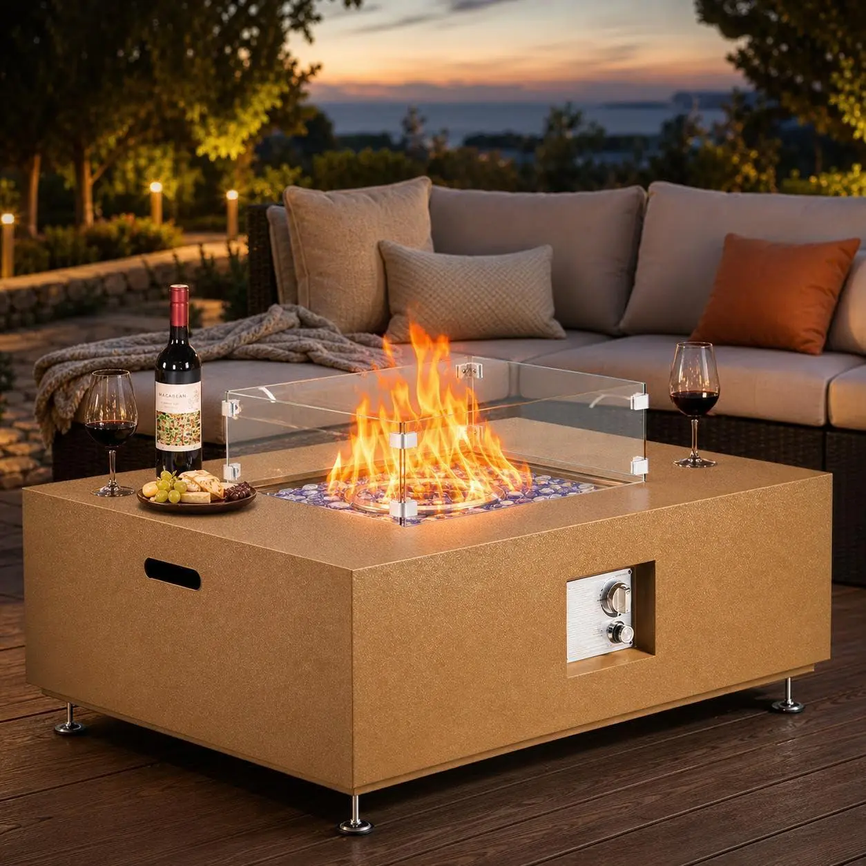36" Outdoor Propane Fire Pit Table with Wind Guard & Glass Beads, 50,000 BTU Propane Fire Pit with Removable Lid, Square Patio Fire Pit Table for Patio, Deck, Garden, Yellow