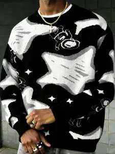 Men's Casual Round Neck Pullover Sweater, Lightweight Knit Top, Meteor Pattern, Fitted Long Sleeve, Fall & Winter Wear, Daily Use