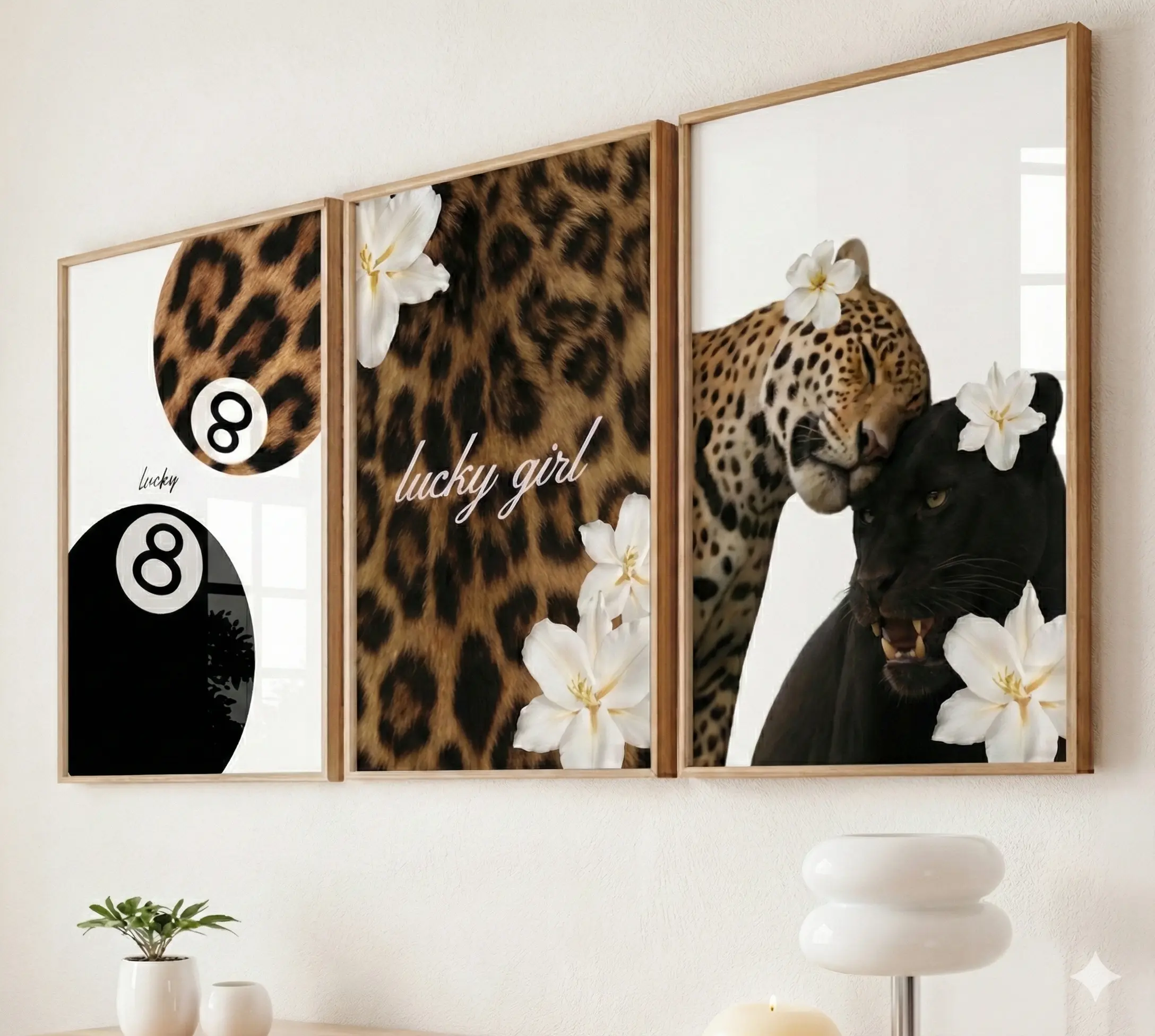 set of 3 White Flowers leopard wall art 8 lucky me leopard ball posters print Leopard lucky me print Trendy y2k