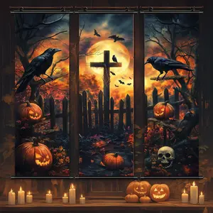 Crow Pattern Canvas Hanging Banner, 3 Counts/set Halloween Wall Art Poster, Wall Art Decor for Home Living Room Bedroom Office